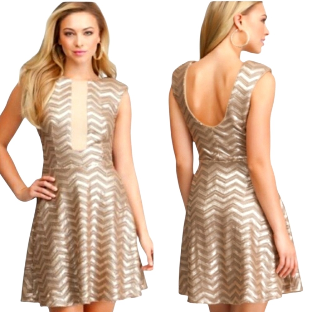 bebe Gold/Tan Sequin Fit/Flare Dress w Mesh Plunge V Neck